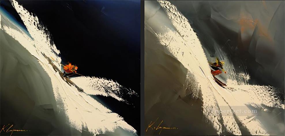 skiing two panels in cream Kal Gajoum textured Oil Paintings